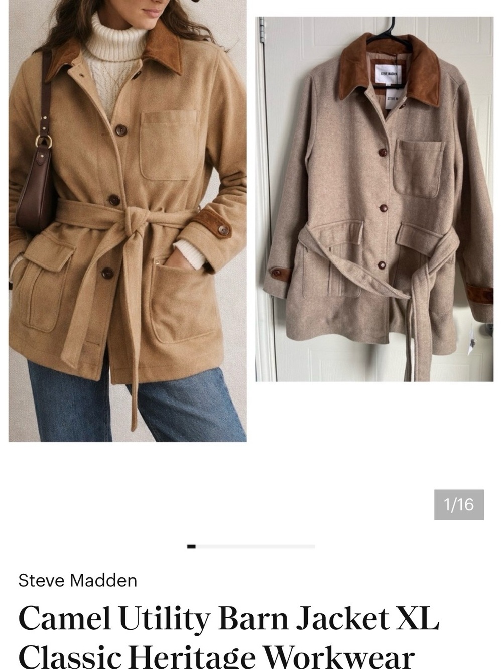Wool blend utility coat with belt and contrast collar. Beautiful piece